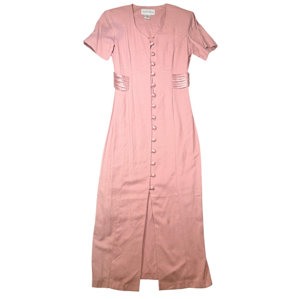 Sophia Rose Button Front Maxi Dress 8 Women Pink Satin Waist Shoulder Pads